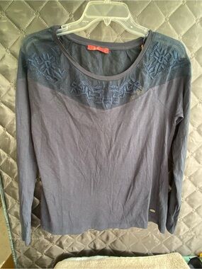NWT edc by Esprit Navy Blue Sheer Lace Panel Long Sleeve Tee Small 100% cotton
